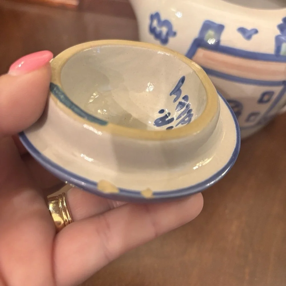 Vintage M.A. Hadley Country Scene Blue House Teapot Hand Painted Pottery